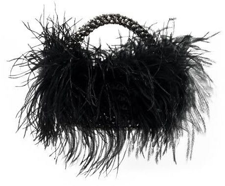 Miuco Real Natural Ostrich Feather Beaded Handbags For Women Handmade Evening Bags Clutch Purse Black