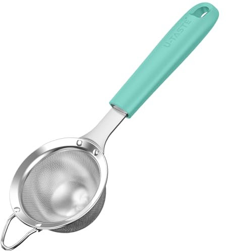 U-Taste Tamis à mailles fines: Passoire de cuisine en acier inoxydable 18/8 de 8,5 cm avec poignée rivetée en silicone robuste pour tamiser la farine, égoutter le thé, le riz, le quinoa (Sarcelle)