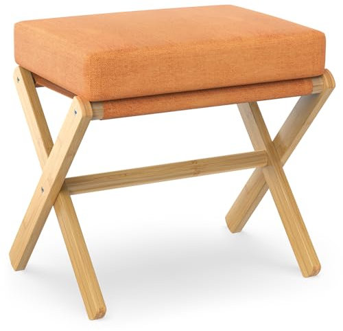 BAMBOOHOMIE Makeup Eitelkeit Hocker, Faltbarer Fußhocker mit Bambus X Beinen, Ottoman Fußstütze Stuhl für Vanity, Moderne Fußhocker klein gepolstert für Wohnzimmer (Natürlich - Orange)
