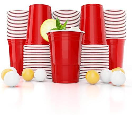 Metionga Vasos Plástico, 100 Piezas Vasos Rojos Originales + 10 bolas, Vasos de Plastico Reutilizables Aptos para Lavavajillas 16oz / 473ml, Copas de Plastico para Fiesta Cumpleaños, Boda