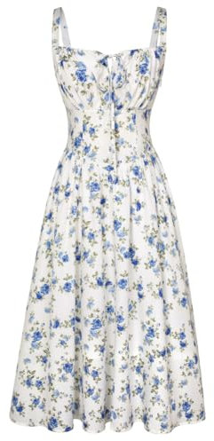 SCARLET DARKNESS Damen Renaissance Maxikleid Vintage Elegant mit Schnürung Gesmokt Blumenkleid Weiß-Dunkelblau Blumen XL