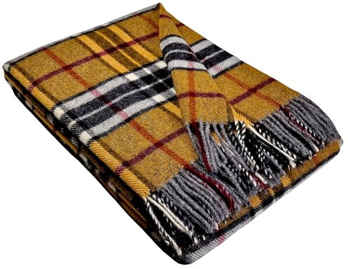 STTS International Wolldecke 100% Schurwolle Wohndecke in versch. Farben 140 x 200 cm Tagesdecke Schurwolldecke Woll-Plaid Tirol (Senf-Grau-Dunkelgrau (karo), 140 x 200 cm)