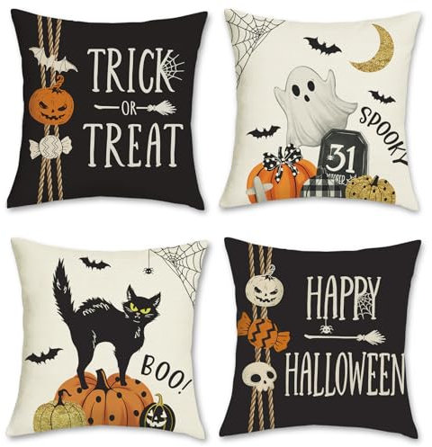 Bonhause 4er Set Kissenbezüge Halloween Happy 45 x 45 cm Kürbis Katze Geist Trick or Treat Dekorative Kissenhülle Zierkissenbezüge für Sofa Schlafzimmer Zuhause Dekoration