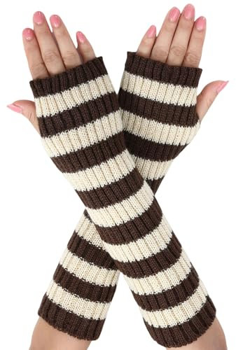 Suxgumoe Damen Armstulpen, gestrickt, langärmelig, fingerlose Handschuhe, Fäustlinge, Winter, Handgelenkstulpen mit Daumenloch für Damen und Mädchen, C Kaffee + Beige, One size