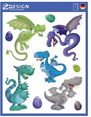AVERY Zweckform 54992 Fensterbilder Drachen 9 Stück (bunte selbstklebende Fensteraufkleber für Kinder, glänzend, wasserfest, ablösbare Fensterfolie, Fenstersticker und Deko für Fenster und Spiegel), 1 Stück