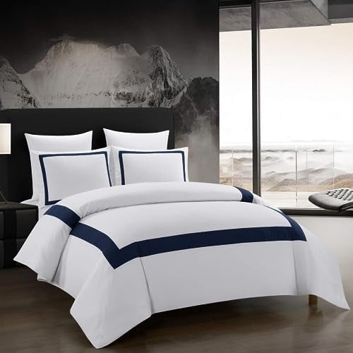 OSVINO Bettwäsche 240x220 cm mit 2 Kissenbezug 50x75 cm Weiß und Dunkelblau Hotel Bettwäsche Streifenrahmen Bettwäsche-Sets Mikrofaser Bettbezug für Hotels Familien