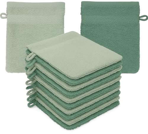 Betz 10 Stück Waschhandschuhe Premium 100% Baumwolle Waschlappen Set 16x21 cm Farbe heugrün - tannengrün