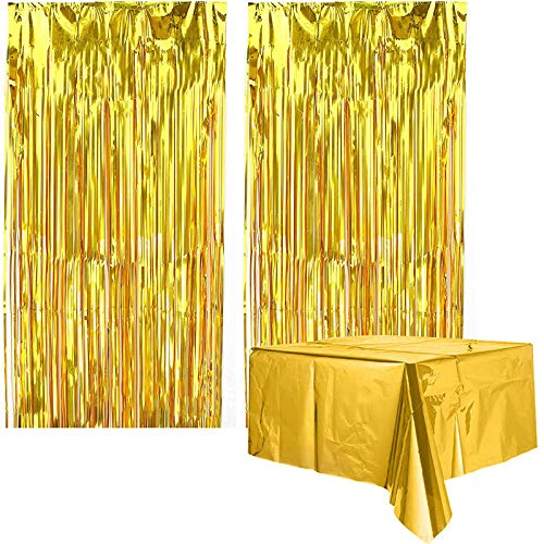 JIAHU Fransen Vorhänge Folie Vorhang Quaste Metallic Lametta Tischdecke für Geburtstag Party Gold 2 Stück