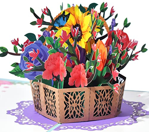 GREETING ART Pop-Up Karte Blumenkorb mit Rose &Sonnenblume, Geburtstagskarte frau, freundin & mutter, Karte für Hochzeitstag, Valentinstag,Gute Besserung, Danke, Jahrestag