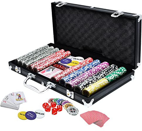 TRMLBE Pokerkoffer 500 Chips Pokerset Laser Pokerchips inkl. 2X Pokerdecks, 3X Dealer Button, 5X Würfeln, Aluminium Koffer mit 2 Schlüssel - Schwarz