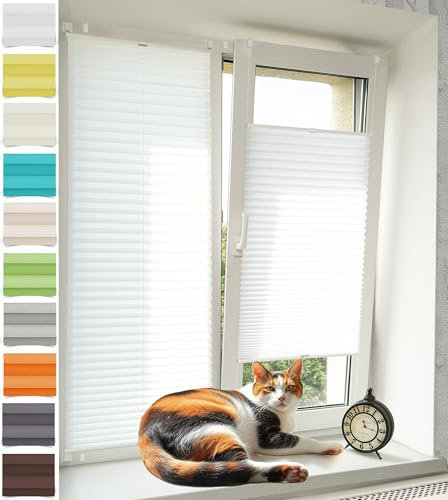 Vkele Plissee ohne Bohren Klemmfix – Faltrollo Jalousie Weiß 40x180cm(BxH), Lichtdurchlässig & Blickdicht, Sonnenschutz & Sichtschutz, Easyfix Rollo für Fenster & Tür