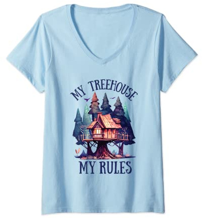 Womens My Treehouse My Rules Playhouse Outdoors Forest V-Neck T-Shirt