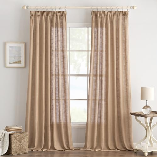 EMEMA Gardinen Vorhänge Leinenvorhang mit Kräuselband Voile Vorhang Leinenoptik Modern Halbtransparent für Wohnzimmer Dekoschal Küchengardinen Schlaufenschal Schlafzimmer Braun 140 x 245 cm