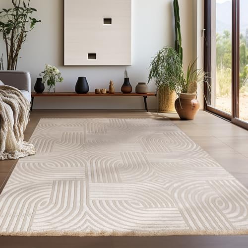 Teppium Moderner Kurzflor Teppich Wohnzimmer 250x350 (240 x 340 cm) Beige - 3D Boho Teppich Waschbar, Skandinavisches Stil, Geometrisch und Weich - für Schlafzimmer, Esszimmer oder Küche