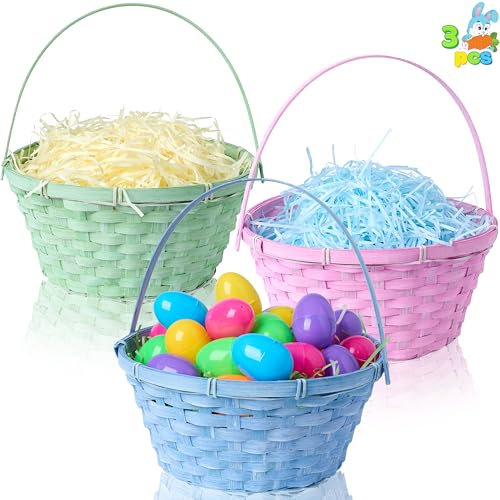 JOYIN 3 Stück Oster-Bambuskörbe, blau, rosa, grün, rund, gewebter Goodie-Korb mit klappbarem Griff, leerer Geschenkkorb für Ostereiersuche, Kinderpartys, Picknick-Gefälligkeiten
