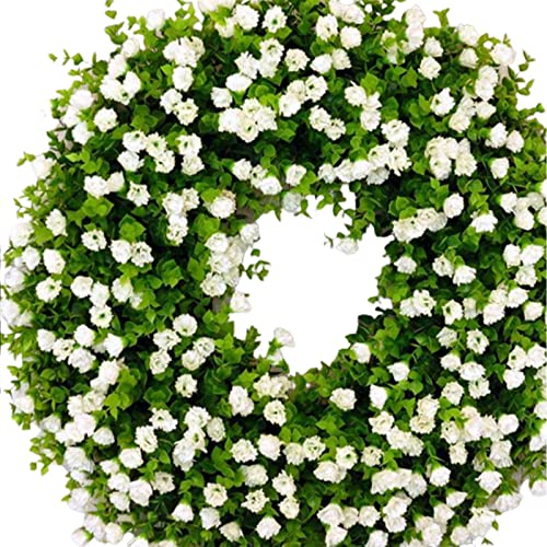 Couronnes de Printemps pour Porte D'entrée, Couronne de Fleurs Sauvages Artificielles, Couronne D'eucalyptus Colorée, Couronne de Fleurs D'été, Couronne de Porte à Ressort avec Feuilles(Blanc)