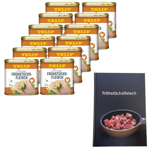 TULIP 12x Hähnchen-Frühstücksfleisch 340g + Kochbuch | Geflügel-Frühstücksfleisch in der Dose und ein passendes gebundenes Kochbuch mit 57 Rezepten | 80% Hühnerfleisch