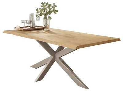 Liadomo Esstisch 220x100 Isa Natur, Baumkantentisch, Akazie Massivholz Tisch, 26mm Tischplatte Lackiert, Robust & Pflegeleicht, Unikat, Spider-Gestell Metall Silber