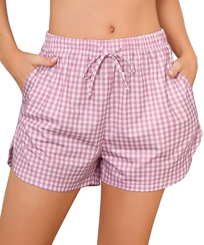 Wikoan Bas de Pyjama à Carreaux Femme Ete Short de Nuit avec Taille élastique Short de Pyjama Léger décontractée Shorts Fève Rose XL
