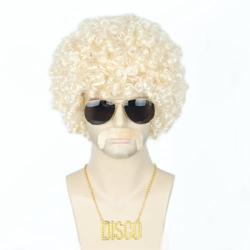 Topcosplay 4er Set Afro Perücke Herren mit Sonnenbrille Schnurrbart Halskette 70 80er Jahre Perücke Vokuhila Disco Perücke Hippie Perücke Halloween Karneval Kostüm (Blond)