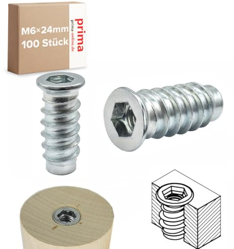Einschraubmutter M6 x 24 mm – Einschraubmuffen/Eindrehmuffen aus verzinktem Stahl – Innengewinde für Holzbau & Möbelbau (100 Stück)