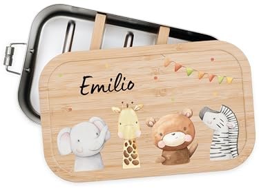 Bärenfreunde Personalisierte Brotdose Edelstahl, Kinder Lunchbox | Vesperdose personalisiert mit Namen, Brotzeitbox Holz mit Fächern und Holzdeckel, Bambus Jausenbox, Kita, Dino, Traktor
