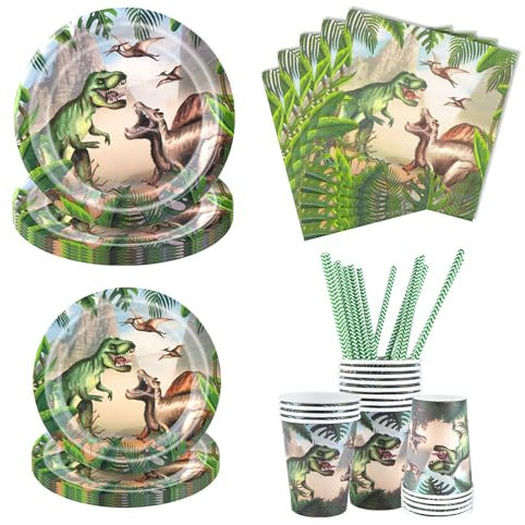 Aitsite 50 Stück Dino Partygeschirr Set, Dinosaurier Partyteller Geburtstag für 10 Gäste, Dino Geburtstag Geschirr, Jura Party Deko Set, Kindergeburtstag Teller Becher Servietten