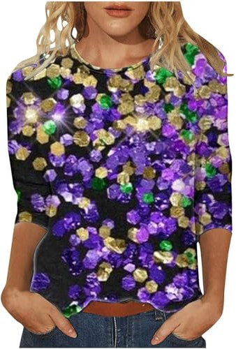 Karnevals-Oberteil mit 3/4-Ärmeln und Rundhalsausschnitt für Damen im Glitzer-Print rot Weiss gestreiftes Shirt Damen Langarm (Gold, L)