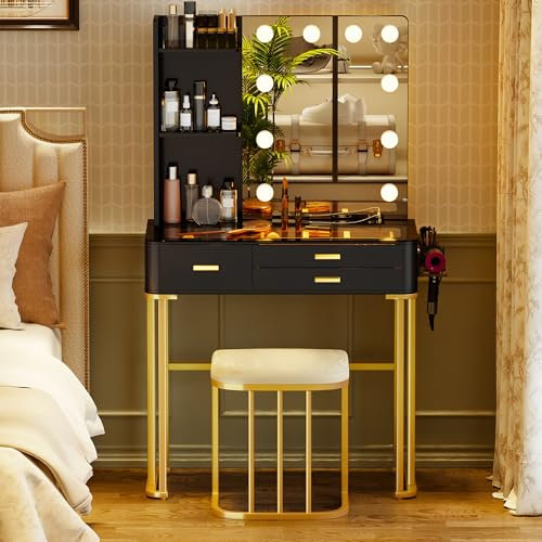 Lvifur LED Schminktisch mit Hollywood Schminkspiegel 10 dimmbaren Glühbirnen,Schminktische mit Hocker und Schublade,Kommode mit Ladestation und 1USB Anschlüssen