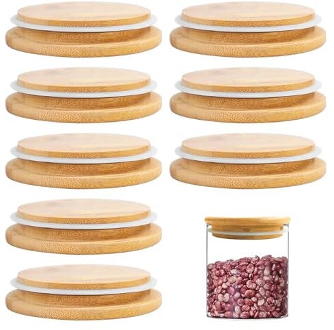 8 PCS Bamboo Lids, Lids with Leakproof Silicone Rings for Pot, Jars
