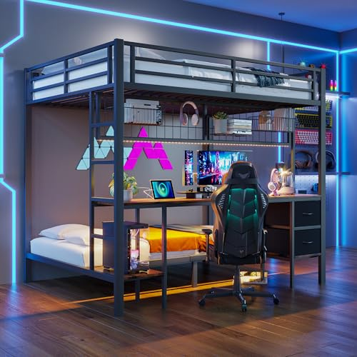 KecDuey Cama alta, 90x200 y 140x200cm, cama apilable con marco de hierro, cajones, estantes para objetos, escritorio, estructura de cama con tira LED de 7 colores, puerto USB (Negro)