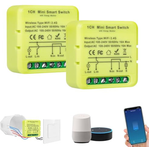2 unidad interruptor wifi, MINI smart switch, interruptor inteligente, Módulo interruptor de Luz Inteligente bluetooth, Compatible con Smart Life/Tuya App, Alexa, Google Home, (Neutral Wire Required)