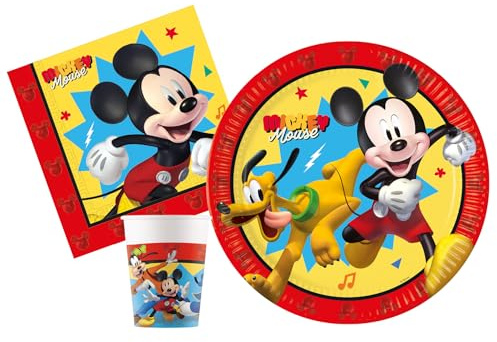 Kit Vajilla de Fiesta Disney Mickey Jump into Fun para 24 personas (88 pcs: 24 platos Ø23cm, 24 vasos 200ml, 40 servilletas 33x33cm) de papel FSC compostable eco-friendly