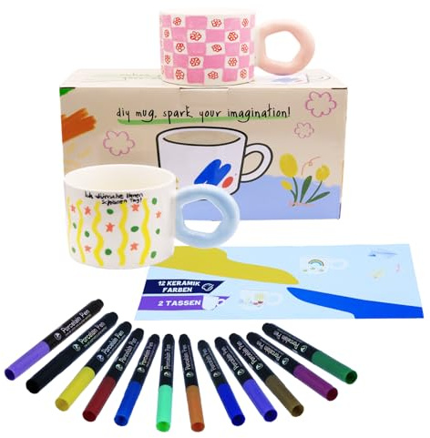 LEOSINYIN Keramik Bemalen Set, Tasse Bemalen Set, DIY Tassen Malset Kreatives Geschenk für Erwachsene Enthält 2*Tassen, 12*Pinsel und Anleitung