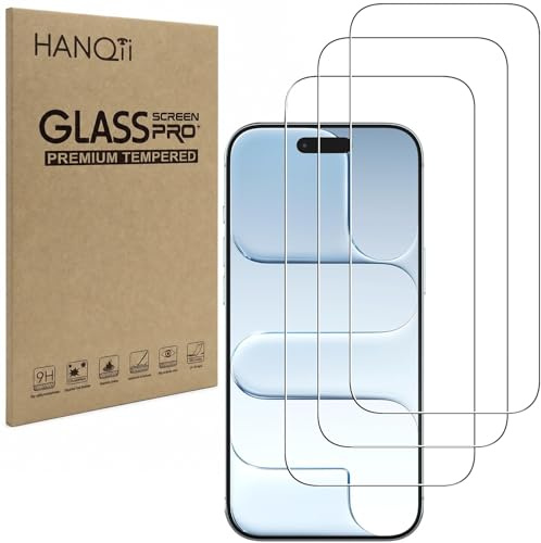 HANQii Screen Protector for iPhone 16 Plus/15 Plus/15 Pro Max, ShatterProof | 3-Pack Tempered Glass with 9H Ultra Drop Protection. HD Definition & Anti-Smudge, Bubble-Free Easy Install & Case-Friendly