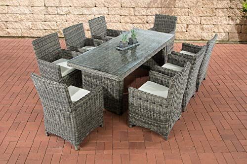 CLP Polyrattan Sitzgruppe Fontana XL Mit Polsterauflagen | Garten-Set: 1 Esstisch Mit Glasplatte Und 8 Stühle, Farbe:grau-meliert, Polsterfarbe:Cremeweiß