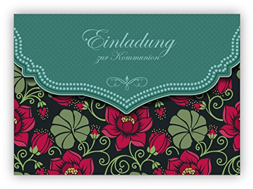 Traum Retro Einladungskarte mit Vintage Seerosen Muster in grün für Mädchen: Einladung zur Kommunion • schöne Klappkarte mit Umschlag als Klappkarte