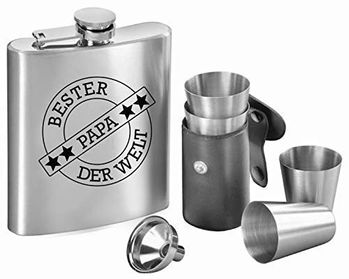 Edelstahl Flachmann Set - inkl. Lasergravur Bester Papa der Welt - Schnapsgläser Einfülltrichter Flachmannset (Silber)