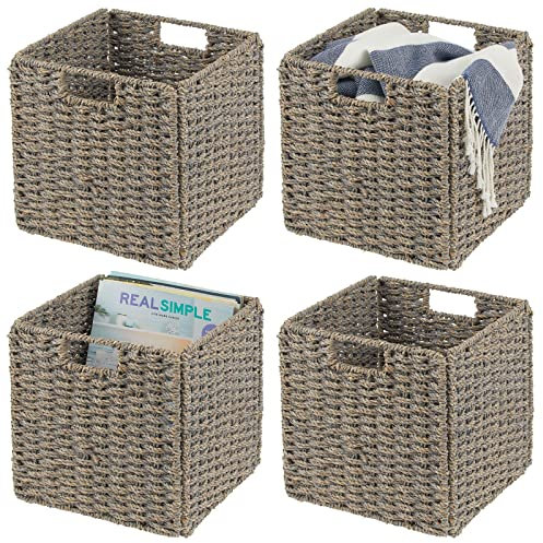 mDesign 4er-Set Aufbewahrungskorb – faltbare Aufbewahrungsbox aus Seegras – Regalkorb mit Flechtmuster – ideal zur Aufbewahrung in Würfelregalen – grau