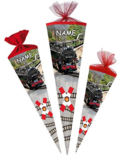 alles-meine.de GmbH Schultüte - Dampflok/Lokomotive - Eisenbahn/Zug - 22-85 cm - Größe wählbar - 6 eckig - incl. Name - Tüllabschluß - Zuckertüte - mit/ohne Kunststoff Sp..