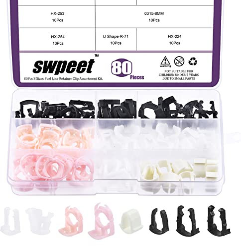 Swpeet Assortiment de 80 clips de fixation de tuyau de carburant de 3/8, 5/16, 8 styles, parfait de remplacement compatible avec les conduites de carburant Ford de 9,5 mm