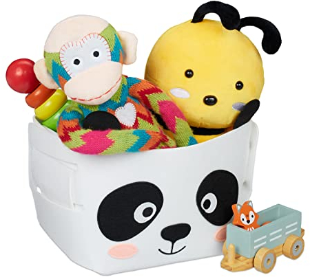 Relaxdays Aufbewahrungskorb Filz, Panda-Motiv, Filzkorb Kinder, faltbar, HBT: 24x27x18 cm, Spielzeugkorb, weiß/schwarz