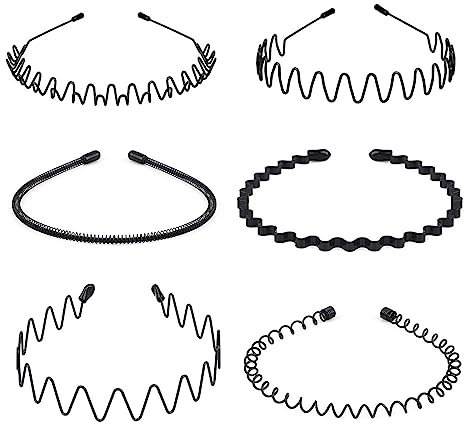SJBAUTYO 6 Pcs Serre Tete Homme, Bandeaux en Métal, Bandeaux Ondulés Unisexes, Bandeau Cheveux Homme, Antidérapant Sports Cheveux Hoop Band pour l'extérieur, Sport, Yoga, Maquillage (Noir)