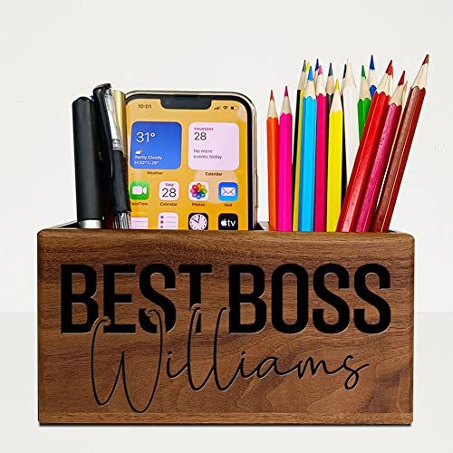 Boss Gifts - Personalisiertes Stiftehalter, Schreibtisch-Organizer aus massivem Holz mit personalisiertem Namen, Wertschätzungsgeschenk für Chefin, Frauen und Männer, Ruhestandsgeschenk für den Chef