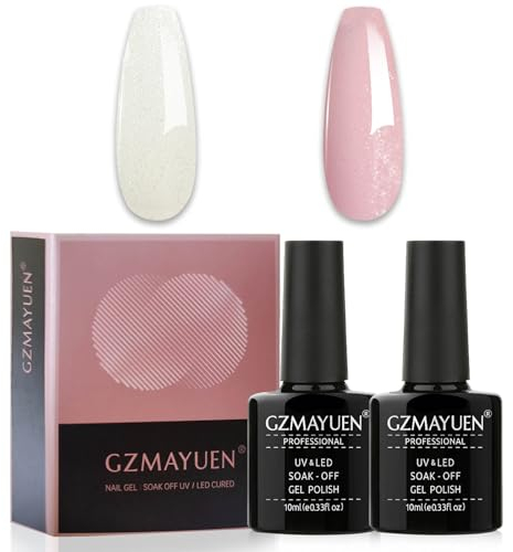 GZMAYUEN Pink White Glitter Gel Nail Polish, 2Pcs 10ml Baby Light Pink White Glitter Gel Polish Set