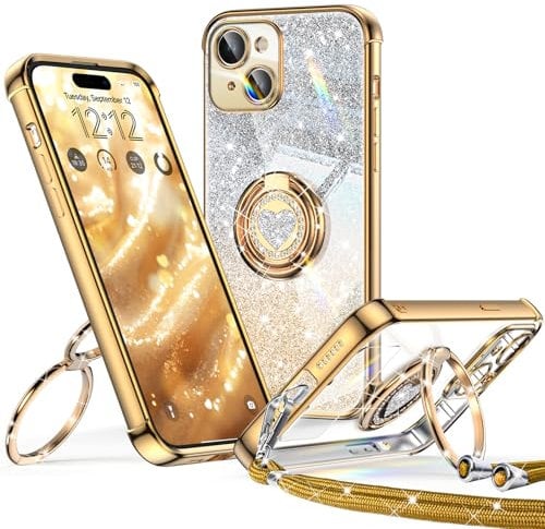 XYZ for iPhone 15 Case with Stand, Soft Cute Luxury Love Heart for Women Girls, Double Ring Bling Glitter Clear with Lanyard Protective Phone Cover Case for iPhone 15 - Gold