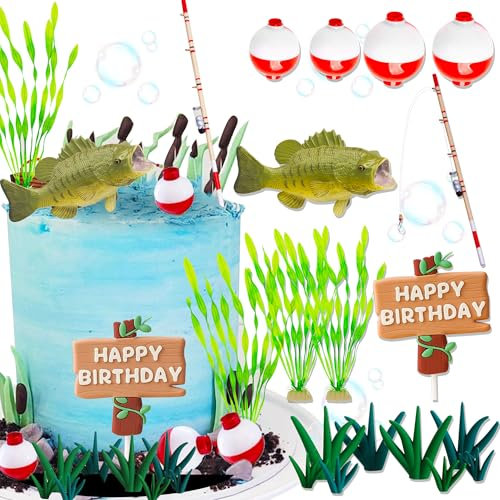 JeVenis Angeln Tortenaufleger Angeln Geburtstag Dekorationen Gone Fishing Tortenaufsatz Angeln Geburtstag Party Dekorationen für Babydusche Geburtstag Party Zubehör