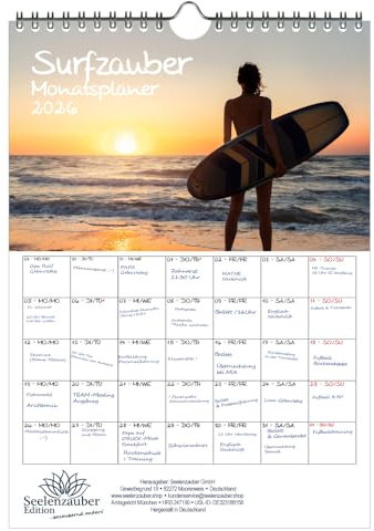 Surfzauber Planer DIN A4 Kalender für 2026 Surfer und surfen - Seelenzauber