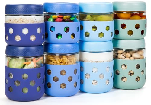 Gemice 8-Pack Glass Overnight Oats Jar with Silicone Sleeves, 500ml & 300ml Overnight Oats Containers with Lids, Salad Breakfast Pots Mason Jars for Chia Pudding Granola Yoghurt Porridge Cereals