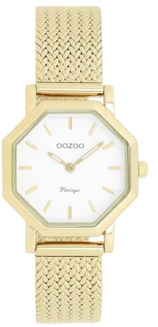 Oozoo Vintage Gold/weiß Damen Uhr - Armbanduhr Damen mit Mesh Metallarmband | Hochwertige Uhr für Frauen - Edle Analog Damenuhr in achteckig C20436